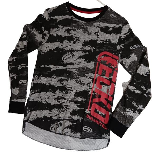 Ecko Unltd. Thermal Knit Shirt Mens S Black Gray Camo Hi Low Spell Out - Picture 2 of 14